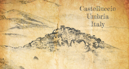 Canvas Print - Castelluccio village in Umbria, Italy, sketch on old paper