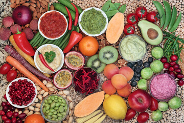 Wall Mural - Health food for vegan eating with foods high in protein, anthocyanins, vitamins, minerals, omega 3, smart carbs, antioxidants and fibre. Healthy ethical eating concept.  Flat lay.