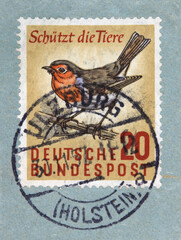 Wall Mural - briefmarke stamp post letter mail vintage retro alt old gestempelt used vogel bird schützt die tiere 20 rotkehlchen robin ulzburg holstein blau blue