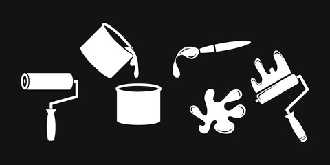 Wall Mural - Paint is pouring from a bucket and roller with drop. Icons for construction and repair. Vector stock illustration. EPS 10