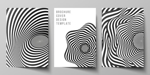 Wall Mural - Vector layout of A4 format modern cover mockups design templates for brochure, magazine, flyer, booklet, report. Abstract 3D geometrical background with optical illusion black and white design pattern