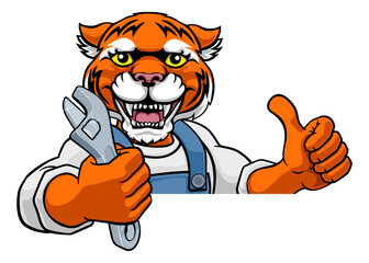 A tiger cartoon animal mascot plumber, mechanic or handyman builder construction maintenance contractor peeking around a sign holding a spanner or wrench and giving a thumbs up