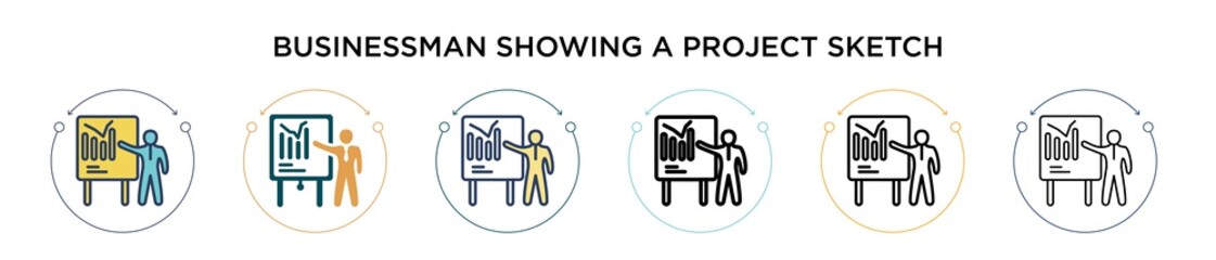 Poster - Businessman showing a project sketch icon in filled, thin line, outline and stroke style. Vector illustration of two colored and black businessman showing a project sketch vector icons designs can be