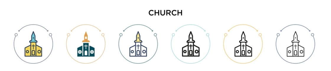 Church icon in filled, thin line, outline and stroke style. Vector illustration of two colored and black church vector icons designs can be used for mobile, ui, web