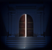 Light Coming From A Building With Vintage Door Ajar. 3D Illustration