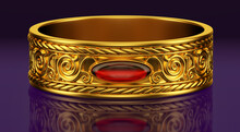 Gold Bracelet With A Red Gem On A Dark Purple Background. 3D Illustration