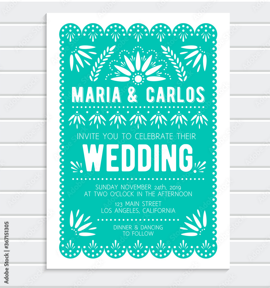 Vector wedding invitation template. Papel picado banner with floral ...