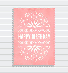 Wall Mural - Mexican Happy Birthday watercolor greeting card. Papel picado banner with floral pattern. Paper cut style. Vector design template invitation