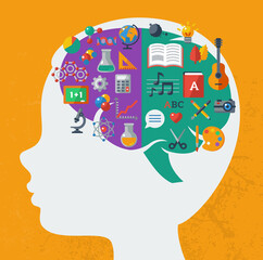 Creative brain Idea. Vector concept. Textured background. Sciences and arts. Back to school icons. Left and right brain functions.