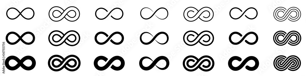Infinity icon set. Infinity, eternity, infinite, endless, loop symbols. Unlimited infinity collection icons flat style - stock vector - obrazy, fototapety, plakaty 