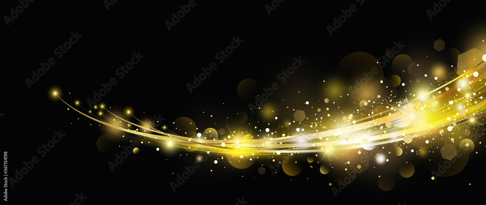Abstract gold light effect with bokeh design on black background vector ...