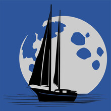 Sailboat Silhouetted In Front Of Full Moon At Night In A Simple Two Color Design.  