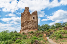 Vrdnik, Serbia-July 15, 2020: Vrdnik Tower (serbian: Vrdnicka Kula) Is A Ruined Tower On Fruska Gora. During The Research Of The Site Itself, Objects From The Time Of The Roman Empire Were Discovered.