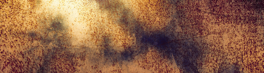 Panoramic grunge rusted metal texture. Rusty corrosion and oxidized plate. Worn metallic iron background.