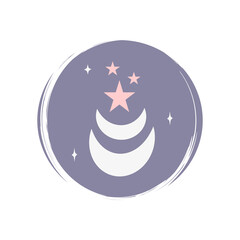 Wall Mural - Cute esoteric icon vector with moon and stars, illustration on circle with brush texture, for social media story and instagram highlights