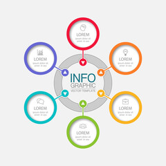 Vector infographic template, circle with 6 steps or options. Data presentation, business concept design for web, brochure, diagram.