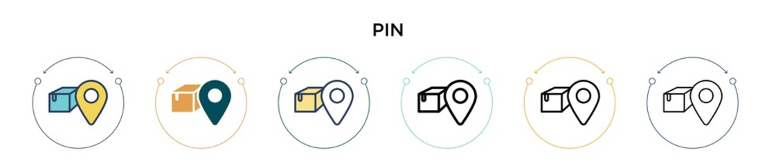 Poster - pin icon in filled, thin line, outline and stroke style. vector illustration of two colored and blac