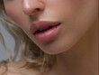 Lips Skin Care. Beautiful Woman With Beauty Face Applying Lip Balsam, Lipbalm On Full Sexy Lips. Portrait Of Smiling Female Model With Soft Skin And Natural Nude Makeup Touching Lips. High Resolution