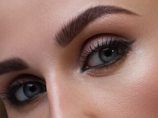 Macro shot of woman's beautiful eye with extremely long eyelashes. Sexy view, sensual look. Female eye with long eyelashes