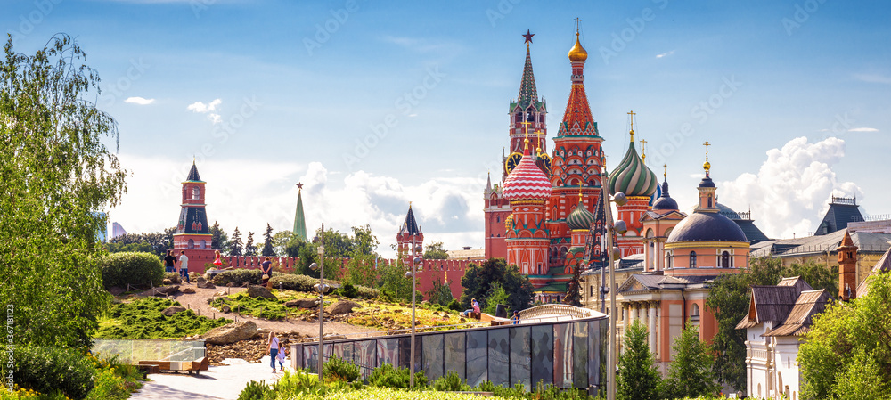 Urban landscape of Moscow, Russia. Landscaped design in Zaryadye Park near Moscow Kremlin and St Basil`s cathedral - obrazy, fototapety, plakaty 