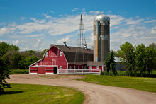 A Red Barn On Prairie Grass Land In Eastern North Dakota.