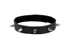 Black Collar With Black Lining, Rivets, Spikes On A White Background. Collar With Metal Spikes For Erotic Games. Dressed Around The Neck. Isolate. Place For Text.