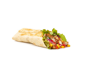 Wall Mural - Tortilla wrap with vegetables fried chicken meat and sauce