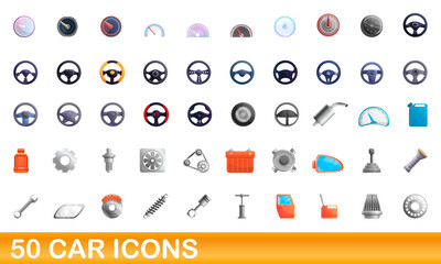 50 car icons set. Cartoon illustration of 50 car icons vector set isolated on white background