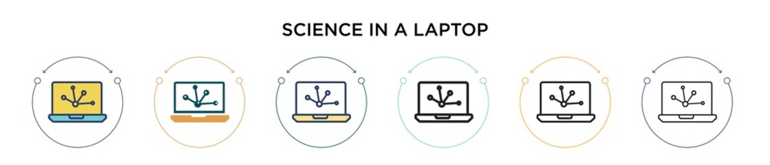 Science in a laptop icon in filled, thin line, outline and stroke style. Vector illustration of two colored and black science in a laptop vector icons designs can be used for mobile, ui, web