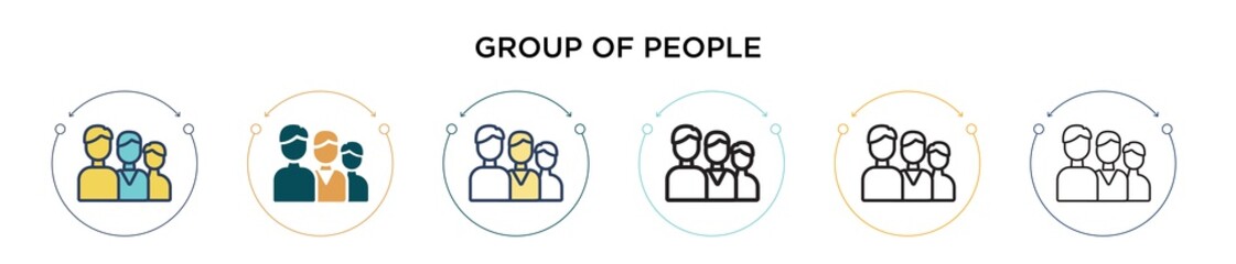 Poster - Group of people icon in filled, thin line, outline and stroke style. Vector illustration of two colored and black group of people vector icons designs can be used for mobile, ui, web