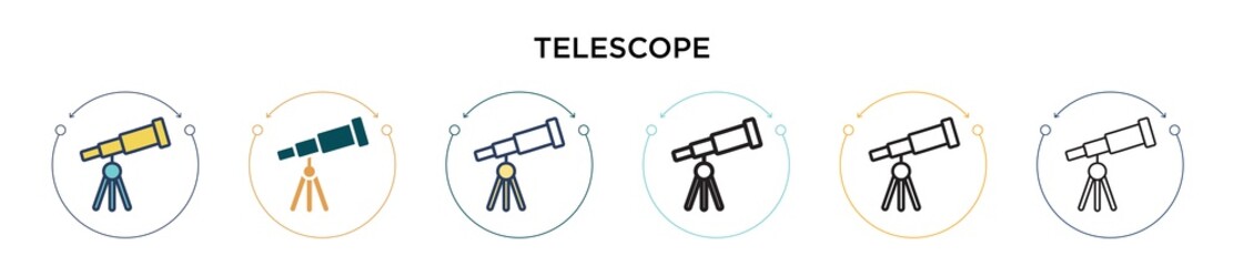 Poster - Telescope icon in filled, thin line, outline and stroke style. Vector illustration of two colored and black telescope vector icons designs can be used for mobile, ui, web