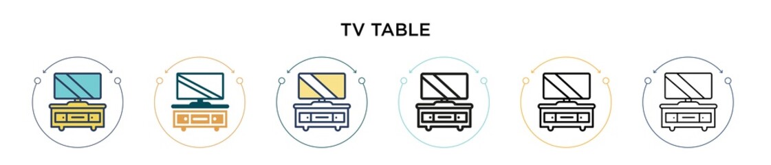 Tv table icon in filled, thin line, outline and stroke style. Vector illustration of two colored and black tv table vector icons designs can be used for mobile, ui, web