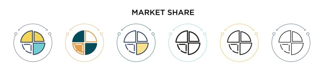 Market share icon in filled, thin line, outline and stroke style. Vector illustration of two colored and black market share vector icons designs can be used for mobile, ui, web