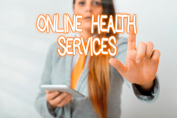 Poster - writing note showing online health services. business concept for healthcare delivered and enhanced 