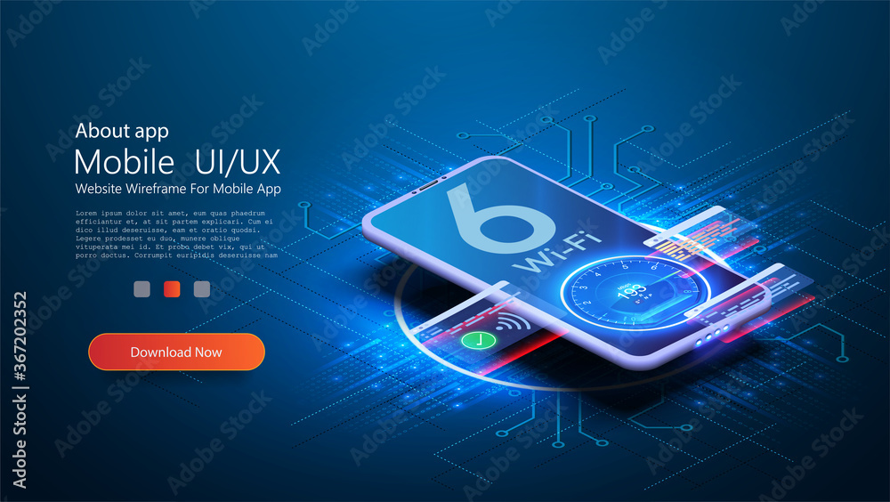 The Wi Fi 6 logo on smartphone is blurred on a futuristic blue background. The smartphone connects to the new high-speed wi-fi network 6. Smartphone with 3D isometry. High Internet speed, speed test - obrazy, fototapety, plakaty 