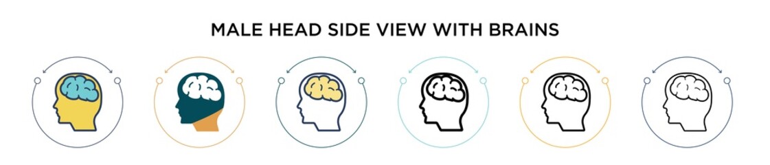 Poster - male head side view with brains icon in filled, thin line, outline and stroke style. vector illustra