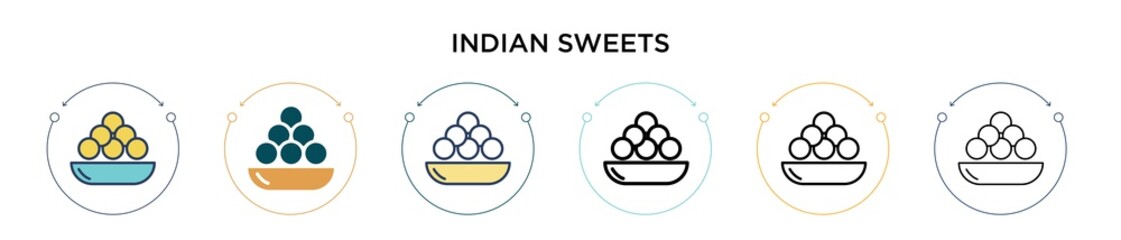 Indian sweets icon in filled, thin line, outline and stroke style. Vector illustration of two colored and black indian sweets vector icons designs can be used for mobile, ui, web