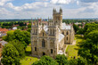Selby Abbey North Yorkshire England. Drone photograph of the Abbey looking at the south and east side in sun with Selby town behind. 
