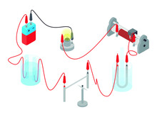 Isolated Isometric Vector Illustration Of Physics Experiment Using An Electrical Circuit And A Compass In Detecting Magnetic Field Over A White Background