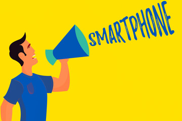 Poster - writing note showing smartphone. business concept for the mobile phone that performs many of the fun