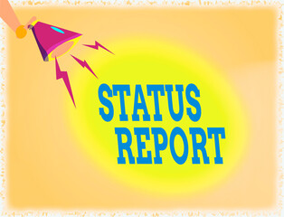 Poster - Word writing text Status Report. Business photo showcasing summarizes the particular situation as of a stated period Hu analysis Hand Holding Megaphone Downward with Lightning Sound Effect Icon