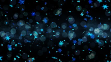 colorful bright snow crystals swinging in winter background with sun flares. beautiful nature scene.