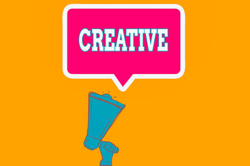 Poster - Writing note showing Creative. Business concept for managed to get around legal or conventional limits of laws Hu analysis Hand Holding Upward Megaphone Speech Bubble