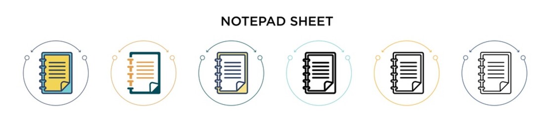 Poster - notepad sheet icon in filled, thin line, outline and stroke style. vector illustration of two colore
