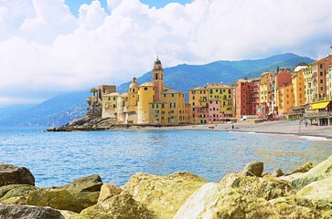 Camogli, Italy. Colorful little town of Camogli with Basilica of Santa Maria Assunta