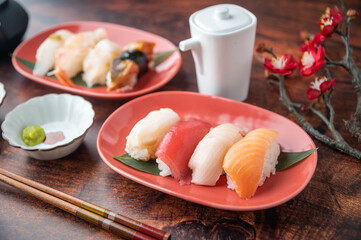 Poster - japanese nigiri sushi with plum blossom