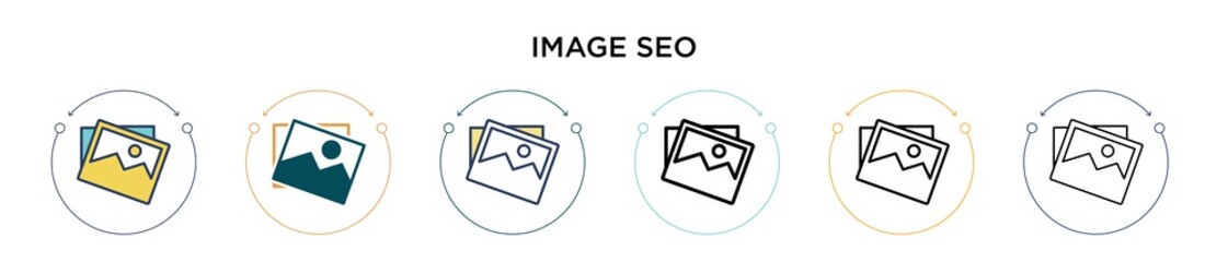 Poster - Image seo icon in filled, thin line, outline and stroke style. Vector illustration of two colored and black image seo vector icons designs can be used for mobile, ui, web