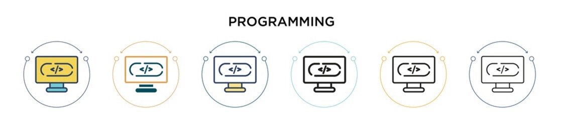 Poster - Programming icon in filled, thin line, outline and stroke style. Vector illustration of two colored and black programming vector icons designs can be used for mobile, ui, web