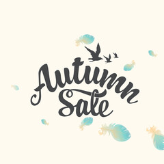 Autumn sale banner with the inscription on a light background with feathers. Vector decorative illustration. Suitable for flyer, banner, poster, price tag, label