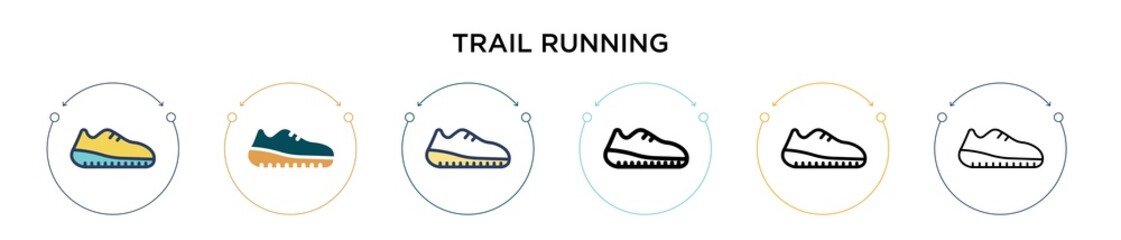 Poster - Trail running icon in filled, thin line, outline and stroke style. Vector illustration of two colored and black trail running vector icons designs can be used for mobile, ui, web
